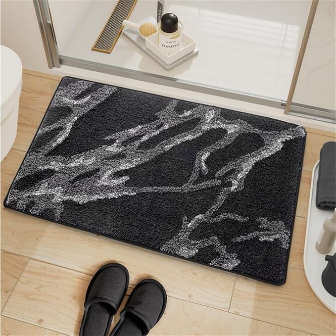 Ankah Luxurious Nordic Bathroom Rug, Extra Soft Fluffy Bath Mat, Absorbent, Non-Slip, Easy to Care and Fast Drying, Modern Style Marble Pattern Shower Rug, Home Decor Accessories, 17.3"x29.9", Black