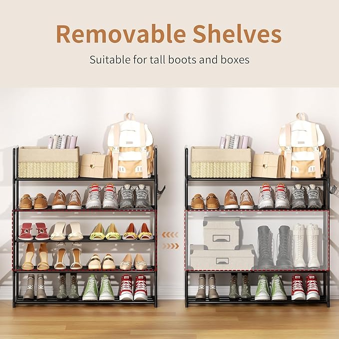 HOMICKER Metal Shoe Organizer,5 Tiers Shoe Storage Shoe Rack with Hooks,Fit 20-25 Pairs,Adjustable Shoe Shelf for Entryway,Hallway,Bedroom,Metal Bottom Support