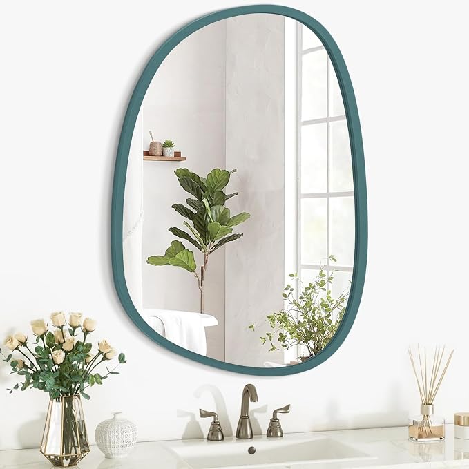 Small Blue Wall Mirror Asymmetrical Irregular Wood Frame Mirror Unique Modern Wall-Mounted Artistic Oval Shape Mirror Decor for Bedroom Living Room Bathroom Entryway Hallway Vanity