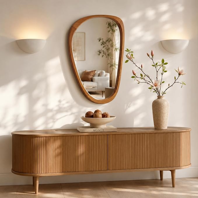 Solid Wood 36"x24" Modern Organic Asymmetrical Mirror, Warm Walnut Irregular Wooden Wall-Mounted Mirror, Sculptural Spa-Like Bathroom Vanity Mirror, Honey Walnut
