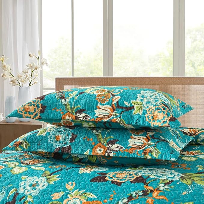ENASAL Cotton Bedspread Quilt Sets Reversible Bedding Coverlet Sets Comforter, Vintage Floral with Peacock Pastoral Turquoise Bedspread, King Size