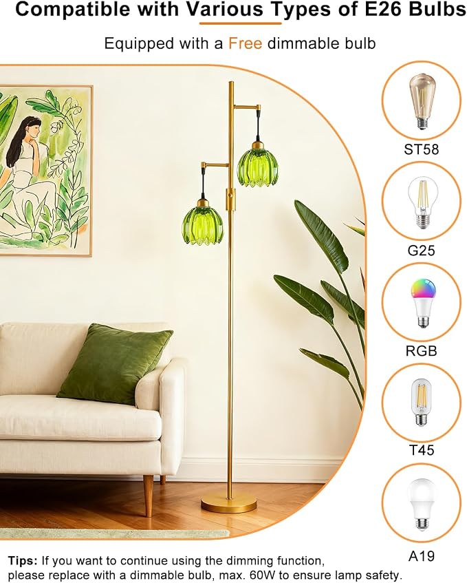 Lightdot 2-Light Glass Floor Lamp for Living Room, Dimmable Gold Floor Lamps with Green Glass Shade& Bulb Included, Modern Standing Tall Lamp with 5Lbs Heavy Base for Bedroom/Sofa Beside/Corner Decor