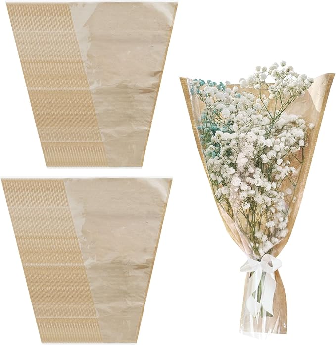 Gainspra 50pcs Flower Bags for Bouquets, 22x14x4.7'' Large Floral Wrapping Sleeves, Brown Kraft Papers