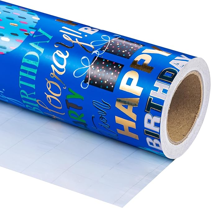WRAPAHOLIC Birthday Wrapping Paper - Mini Roll - 17 Inch x 16.5 Feet - Blue Gold Foil Happy Birthday Wrapping Paper for Kids, Boys, Men, Baby Shower