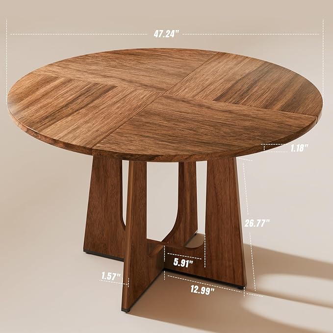 47" Round Dining Table for 4-6, Farmhouse Wood Kitchen Table, Mid-Century Wooden Circle Dinner Room Table Easy Assembly for Dining Room, Kitchen, Living Room (Brown)