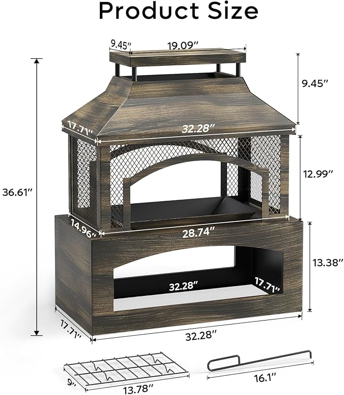 Bestier 37" Fire Pits, Outdoor Wood Burning Fireplace for Outside, Rectangular Chiminea Firepits with Poker, Wood Storage, Rain Cover and Removable Fire Grill for Patio, Garden, Backyard, Camping