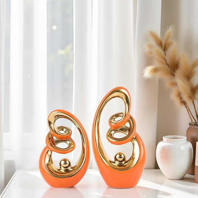 Orange Ceramic Abstract Sculpture Statue,Mid Century Modern Gold Accent Decor,Porcelain Statues Art Deco Gold Show Piece for Home - Contemporary Tv Stand End Table Centerpieces (Orange Gold)