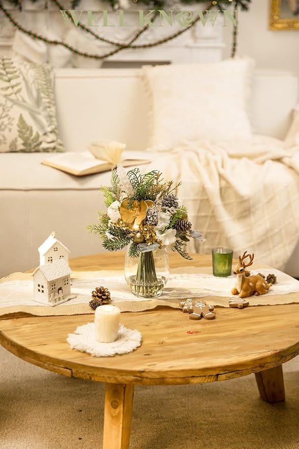 Fake Flowers in Vase, Golden Shimmer Poinsettia & Butterfly, Artificial Rose Flowers Arrangement Centerpiece for Dining Table Wedding Party Fall Winter Home Christmas Decor Gift (Gold White & Green)