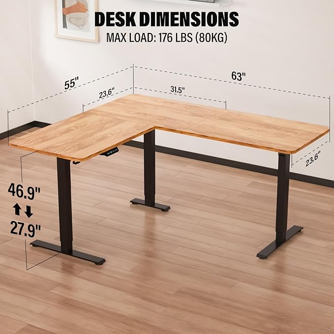 63 x 55 inch L Shaped Standing Desk, Corner Computer Desk, Electric Adjustable Height Stand Up Table, L Sit Stand Desk for Home Office Gaming, Light Rustic