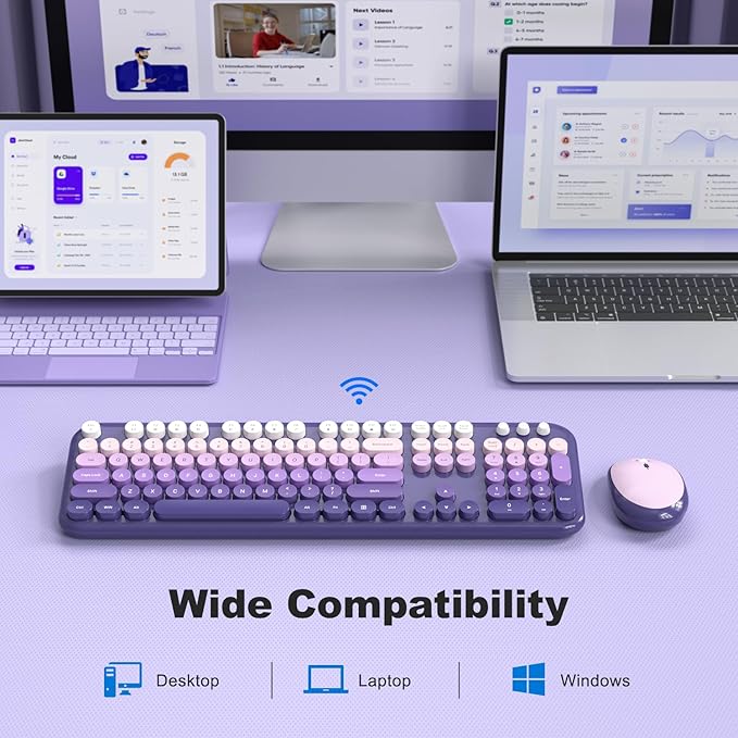 Wireless Keyboard and Mouse Combo, MOWUX Colorful Computer Full Size 2.4G Plug and Play Wireless Typewriter Keyboard and Mouse Set for Computer, Desktop, PC (Purple Gradient)