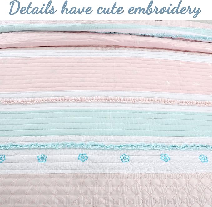 Cozy Line Home Fashions Light Pink Blue Ruffles Girl 100% Cotton Reversible Quilt Bedding Set, Coverlet, Bedspread (Candy, Twin - 2 Piece: 1 Quilt + 1 Sham)