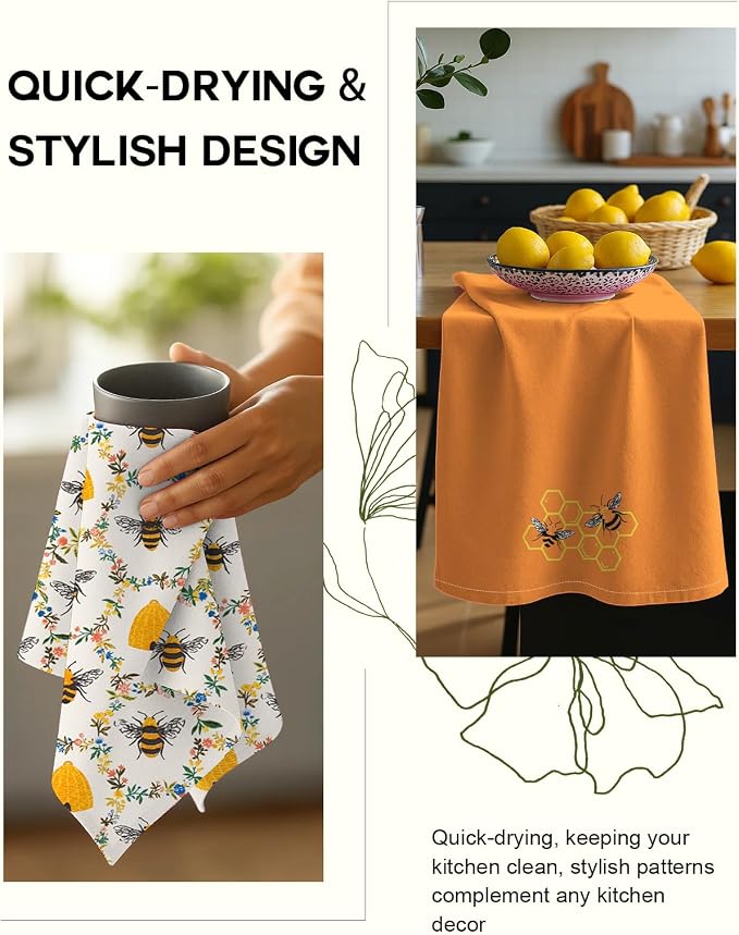 Miss Adola 2 Pack Flour Sack Kitchen Towels - 16x26 Inch Cotton Dish Towels with Hanging Loop Reusable Geometric Boho Modern Retro Tea Towel Absorbent Dishcloths Home Decor, Orange Bee