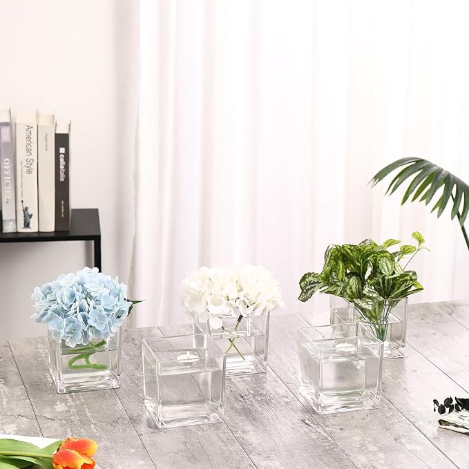 Square Glass Vases Set of 9, 5" x 5" x 5" Clear Flower Vases for Centerpieces, Square Vase for Flowers, Small Vase for Wedding, Party, Home Office Decoration