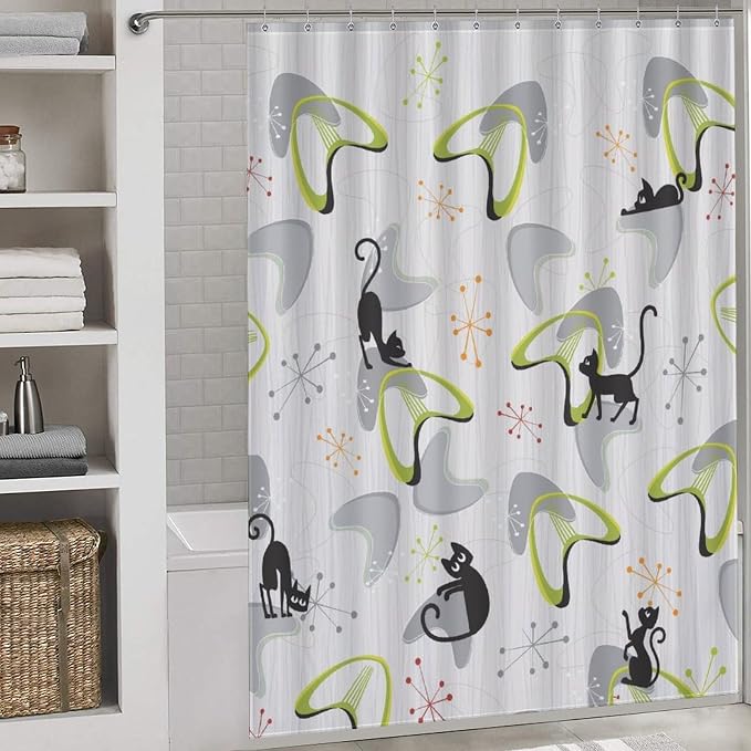 Mid Century Shower Curtain for Bathroom, Retro Geometric Modern Black Cat Abstract Atomic Pattern Lovely Kittey Rustic 1950s 1960s Grey Waterproof Fabric Shower Curtain Set with Hooks72"x84" Inch