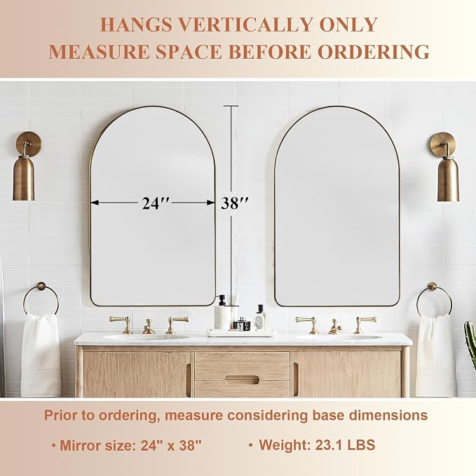 ANDY STAR Arched Mirror, 24 x 38 Inch Gold Vanity Mirror in Stainless Steel Metal Frame, Arch Top Rounded Corner 1 Inch Deep Set Design Wall Mount Hangs Vertical