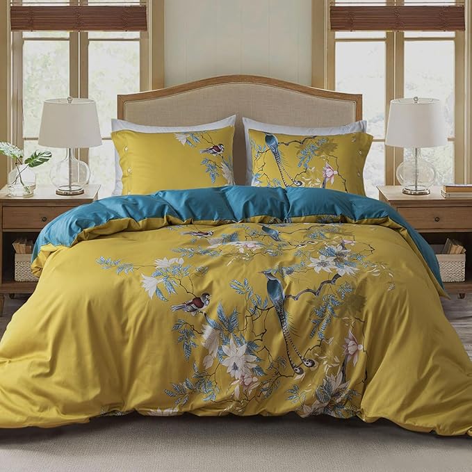 EAVD Cute Birds Duvet Cover Twin XL Cotton Floral Duvet Cover Set Yellow Bedding Set with Garden Tree Branches Flowers Birds Pattern Reversible Design Girls Duvet Coveer with Zipper Closure