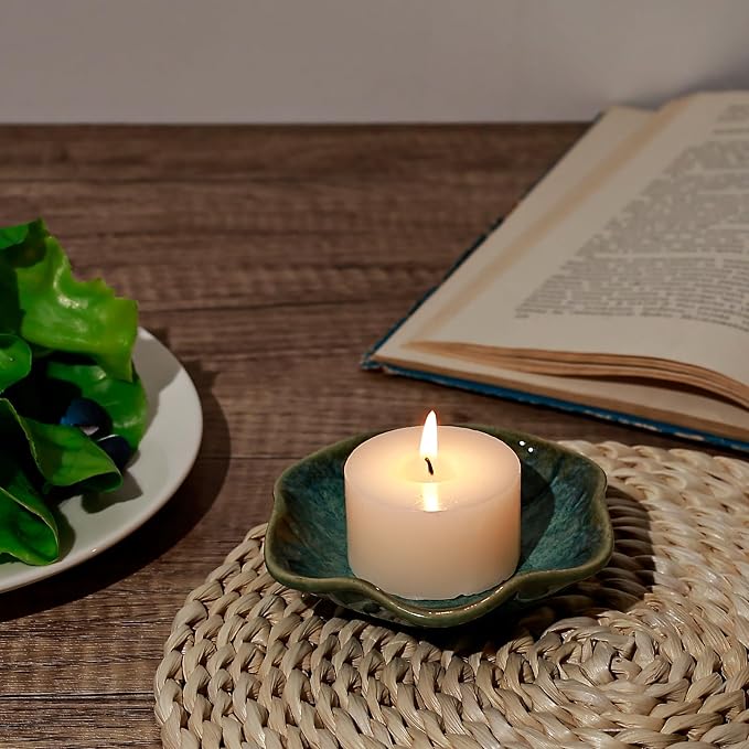 Koythin 2-Piece Ceramic Candle Holder, Aesthetics Candlestick Holders for Tea Lights, Lotus Leaf Shape Candle Stand for Mantle Table, Adorable Vintage Decor for Weddings Dining (Green)