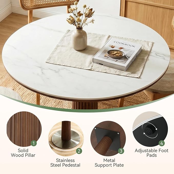 Round Dining Table, 31.5" Solid Wood Dinner Table with Thickened Top & Steel Pedestal, Mid Century Modern Bistro Table for Kitchen, Small Space, Living Room, Cafe, White & Walnut -Style C