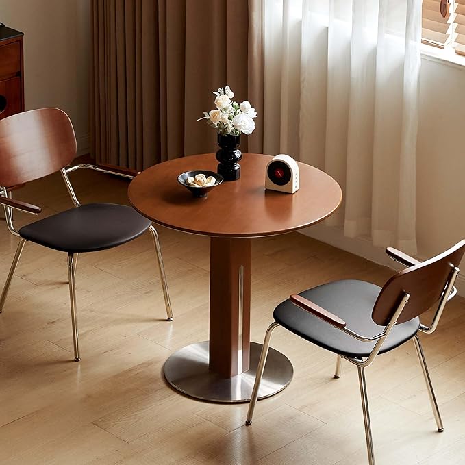 YESWOOD 27.6’’ Small Round Dining Table for 2-3, Solid Wood Circle Kitchen Table with Steel Base, Mid Century Modern Dining Table for Dining Room, Living Room, Coffee, Pub, Teak