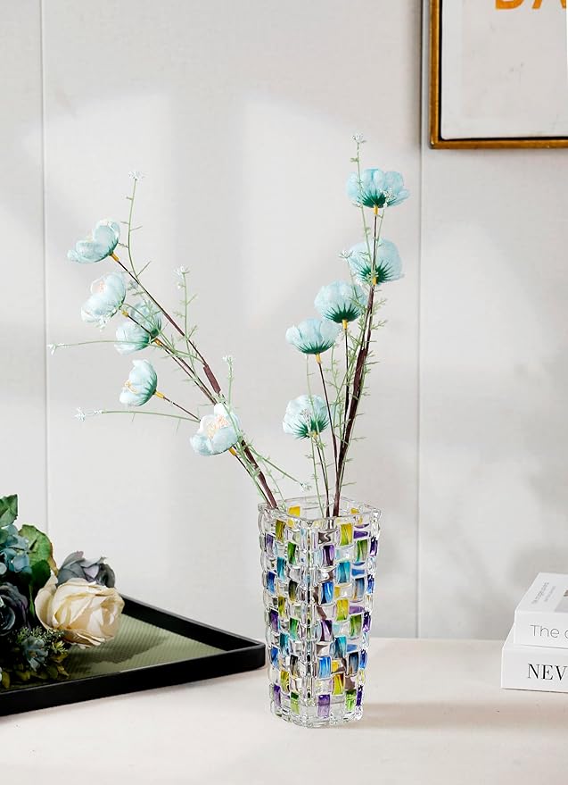 Magcolor Hand Painted Blue Woven Glass Vase -Crystal Flower Vase- 7.7 inch, Glass Plant Vase for Floral Arrangements, Centerpieces, Weddings, Housewarming, Centerpiece Home Deco.