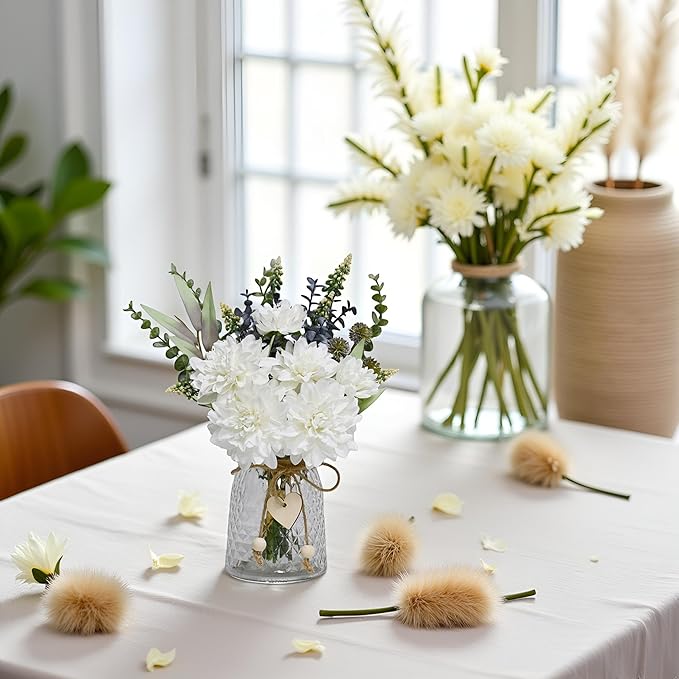 LADADA Vase Fake Flowers, Artificial Silk White Dahlias Arranged in Vases, EucalyptusTrees, Pampas Grass, and Hemp Rope for Farmhouses 14.5'' Floral Arrangements for Dining Table Centerpiece Decor