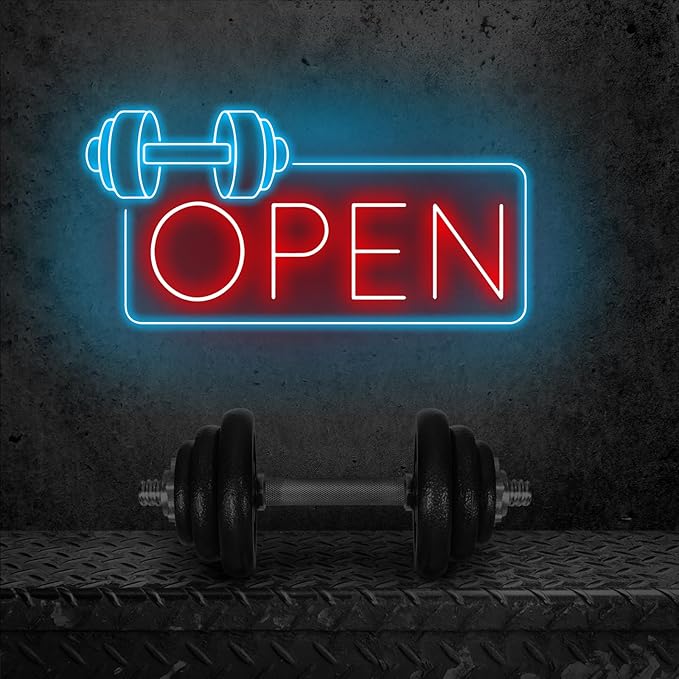 Gym Fitness Open Neon Sign, Dumbbell Open Led Sign, Weightlifting Led Light, Barbell Neon Light, Gym Open Wall Art Decor, House Wall Sign Decor for Business Window Open Signs, Fitness Club Decor