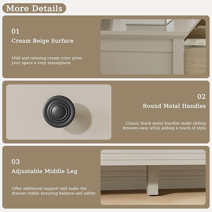 Dresser for Bedoom, Modern Chest of Drawers, Wood 8 Drawer Dresser with Metal Handles, Storage Organizer Wide Dressers for Living Room, Hallway, Entryway, Beige