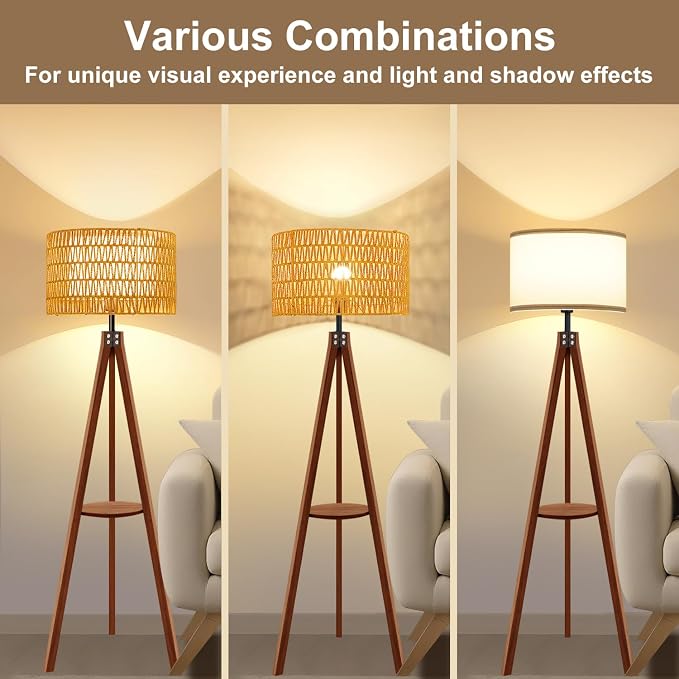 Rattan Wood Floor Lamp Tripod with Shelves, Mid Century Modern Floor Lamps for Living Room, 3 Color Temperatures with Foot Switch, Boho Standing Lamp for Bedroom Decor Walnut Brown Tall Lamps
