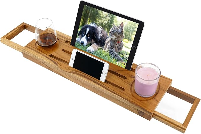 EcoFives Teak Bathtub Tray Caddy - Expandable Bath Tray - Adjustable Organizer Tray for Bathroom - Luxury Bath Caddy Tub Table, Bathtub Accessories & Bathroom Gadgets