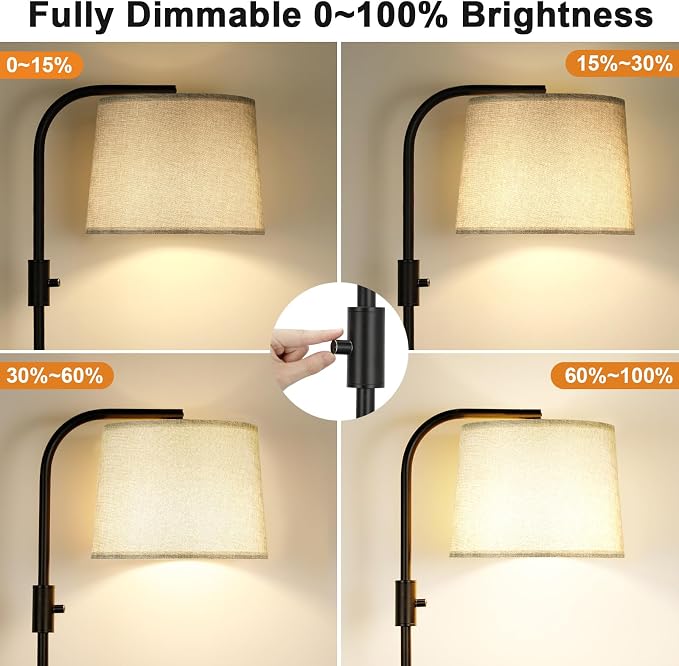 Ambimall Fully Dimmable Floor Lamp with 9W LED Bulb - Standing Lamp for Living Room with Adjustable Head, Modern Tall Light with Rotary Switch for Office, Black and Grey
