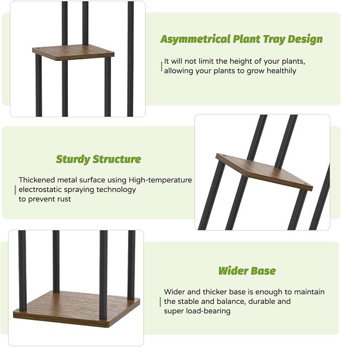 Oppro 3 Tier Plant Stand Indoor Outdoor, Wood Metal Flower Shelf Pot Holder Clearance, Tall Multiple Plants Corner Rack Aesthetic Organizer for Patio Orchid Office Porch Living Room Garden, Black Oak