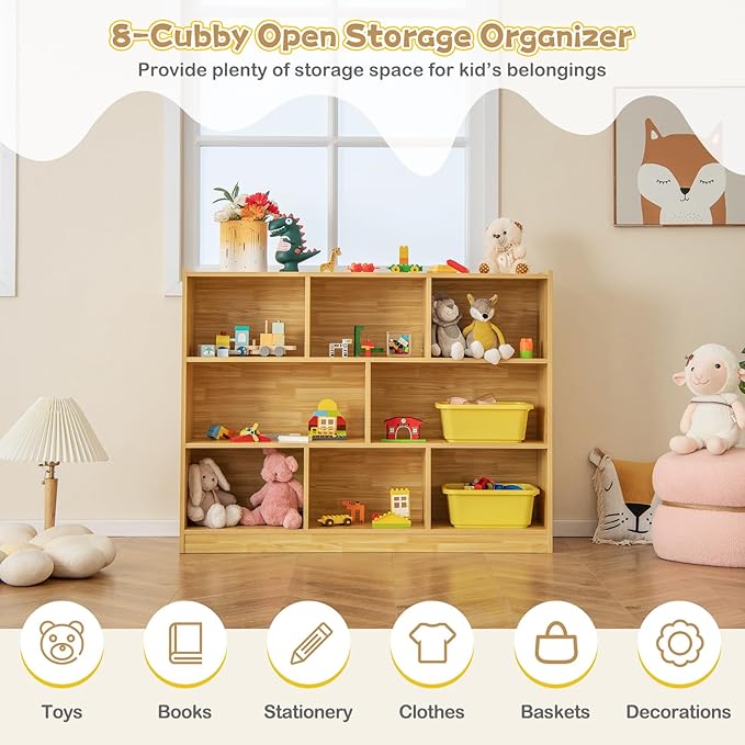 Costzon 3-Shelf Bookcase for Kids, Wooden Toy Storage Organizer for Books Toys, 8-Section Freestanding Classroom Daycare Montessori Bookshelf for Preschool, Home Playroom & Kindergarten (Burlywood)