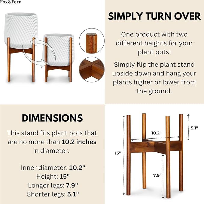 Fox & Fern Mid Century Plant Stand — 10 Inch Fixed Size Wooden Plant Stand for Indoor Planters (Not Included) - Raised Flower Pot Holder for Indoors - Plug In Design - Two Height Options - Acacia