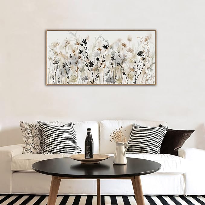 Framed Flower Canvas Wall Art Blossom Canvas Pictures Abstract Grey Cream Brown Landscape Artwork Canvas Prints for Home Living Room Bedroom Kitchen Office Wall Decor Ready to Hang 24"x 48"