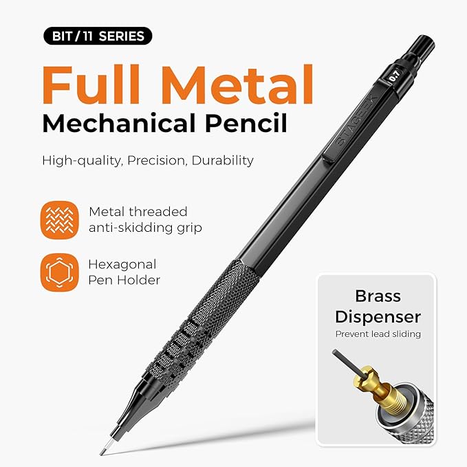 STAGEEK 35PCS Black Art Mechanical Pencil Set in Case，0.5 0.7 0.9 2.0 Graphite Metal Drawing Drafting Pencils, Sharpener Erasers 384PCS Lead Refills (6B 4B 2B HB 2H 4H Colors) for Writing Sketching