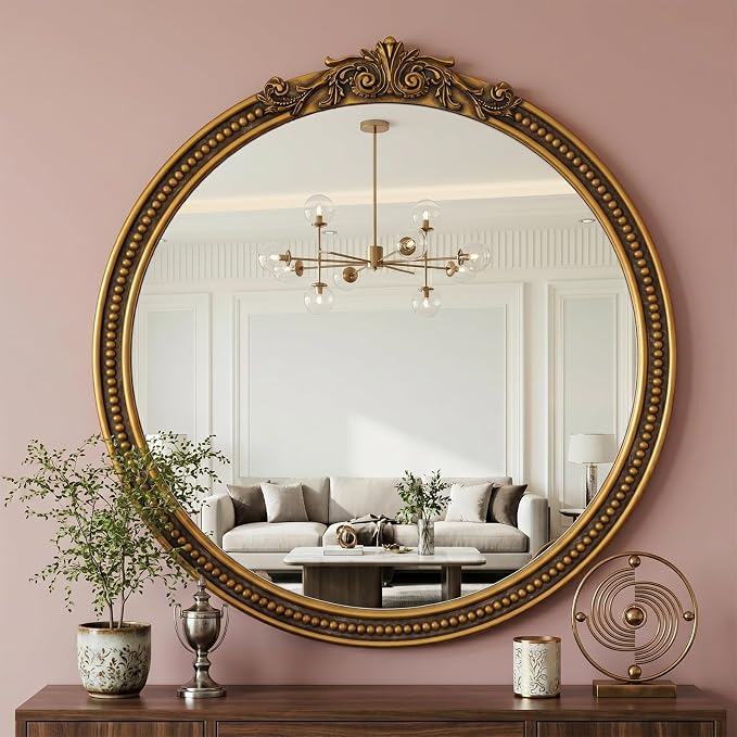 CozyDH Retro Gold Round Wall Mirror Decor - 24x24 inch Ornate Baroque Style Beaded Soli Wood Frame - Vintage Home Decor for Entryway, Foyer, Fireplace, Living Room, Hallway