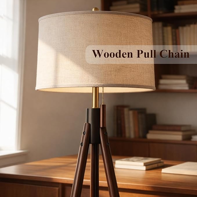 Mid Century Modern Tripod Floor Lamp, Gold Accented Two-Tone Solid Wood Floor Lamp with Black-Finished Solid Wood Center, Linen Shade & Pull Chain, Tall Lamp for Living Room Bedroom Reading Corner
