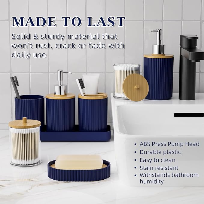 10PC Bathroom Accessories Set - Navy Blue and Wooden Bathroom Sets, Bathroom Accessory Set with Pop Up Trash Can, Toilet Brush, Trash Can, Qtip Holder & Soap Dispenser
