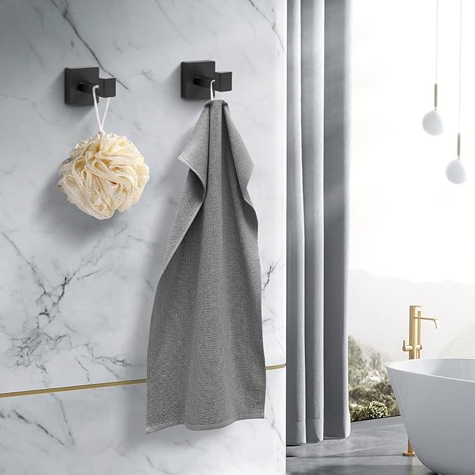 Heavy Duty Stainless Steel Towel Hooks, Wall Mounted Square Robe Hooks for Bathroom, Kitchen, Bedroom, Hotel Matte Black 2 Pack