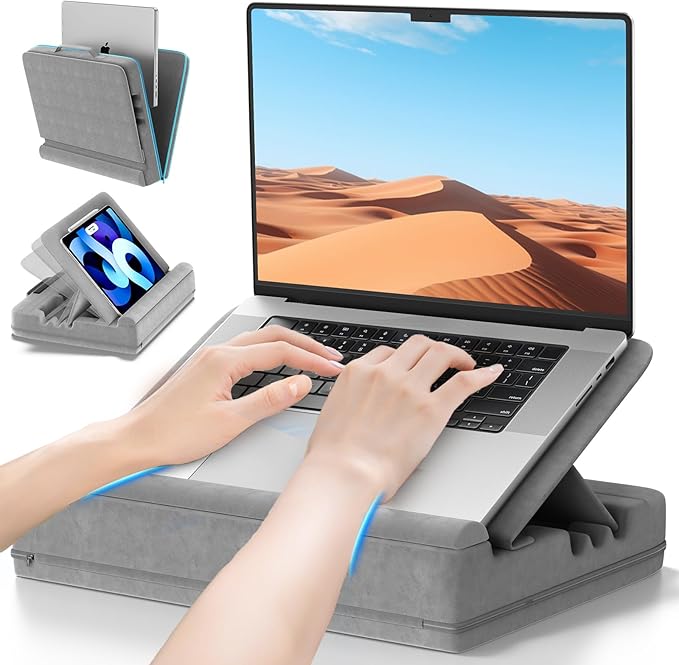Heyife Laptop Desk for Lap with Cushion, Computer Lap Desk Laptop Pillow for Couch, Bed, Car, Adjustable Computer Pillow Stand As Carrying Case for up to 15'' PC/Mac, Tablet, iPad, Kindle, Gray