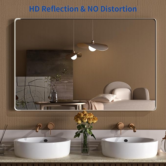 WEER 55X36 Inch Brushed Nickel Bathroom Mirror, Brushed Silver Metal Frame Mirror, Rounded Rectangle Silver Bathroom Vanity Mirror, Tempered Glass, Anti-Rust, Hangs Horizontally or Vertically