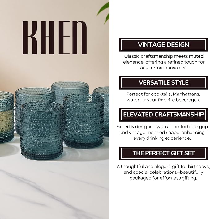 Blue Hobnail Drinking Tumbler | Set of 6 | 11 OZ Bubble Design Vintage Glassware, Beverage Glasses Bubble Water, Wine, Old Fashioned Cocktail, Whiskey Rocks Glass Cup, Elegant Glassware Gifts For Home