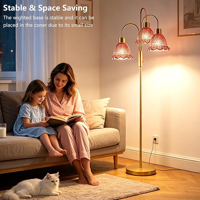 Lightdot 3-Light Glass Floor Lamp for Living Room, 70" Gold Dimmable Standing Tall Lamp with Deep Red Ribbed Glass Shades &3PCS 3000K Warm White Bulbs, Modern Tree Pole Lamp for Bedroom Home Decor