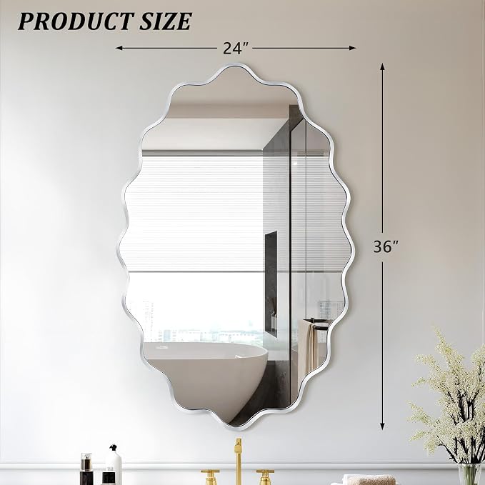 Oval Wavy Wall Mirror -Irregular Wall Mirror with Silver Asymmetrical Aluminum Alloy Frame,24"x36" Decorative Wall Mirrors for Bathroom, Bedroom, Living Room, Dining Room，Entryway