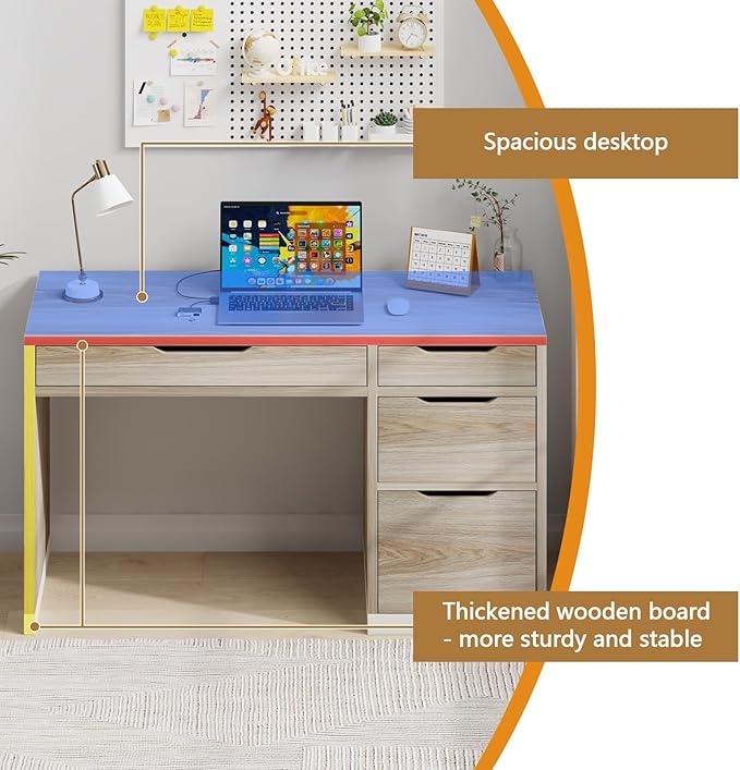 52 Inch Small Desk with Drawers, Walnut Desk with Storage, Computer Desk with Filing Cabinet，Study Desk for Kids, Bedroom