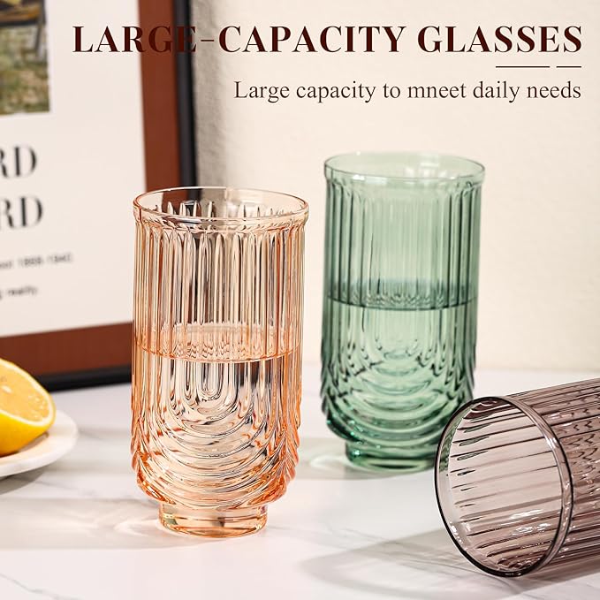 Colored Vintage Drinking Glasses Set of 6-17oz Hand-Blown Highball Ribbed Glassware, Arch Design Cocktail Glasses for Whiskey Water Beverages Ice Coffee Juice Milk