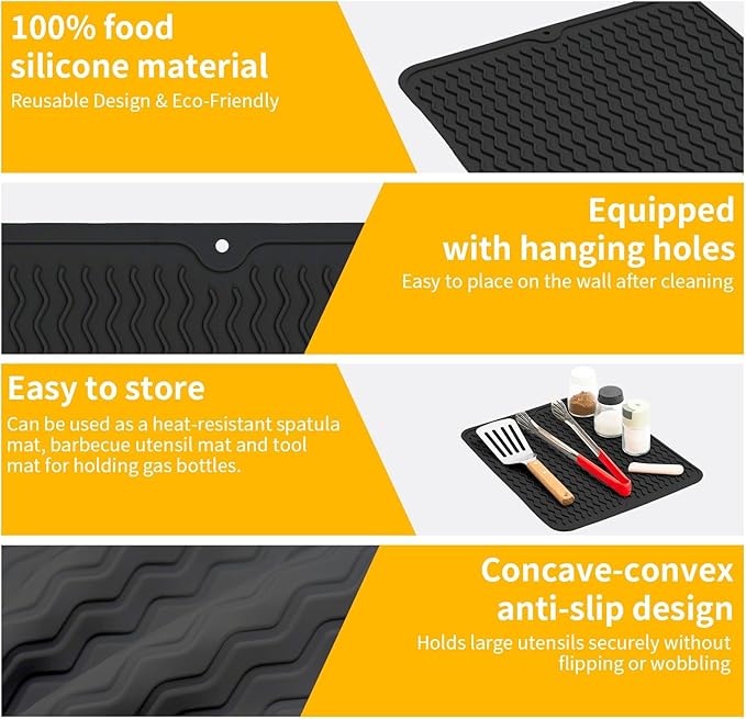 Geban Grill Accessories, 16x12 Inch Silicone Heat Resistant Mat, BBQ Tool Rest Pad for Blackstone Griddle Side Shelf, Weber, Traeger, Outdoor Kitchen Countertop Protector (Black)