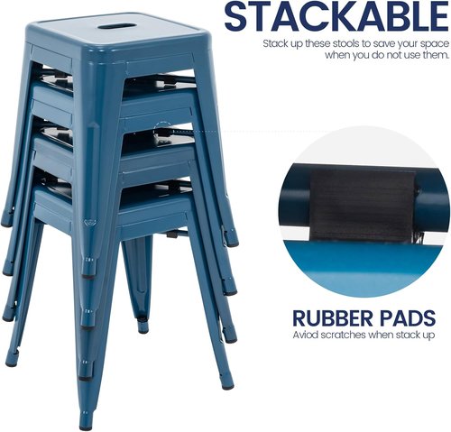Brage Living 18-Inch Industrial Metal Stools - Set of 4 Stackable Backless Dining Chairs | Deep Blue