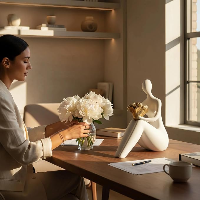 Lescafita White Abstract Figure Statue with Flowers, Modern Resin Sculpture for Home Decor, Minimalist Figurine Art for Living Room, Office Desk, Gift for Art Lovers