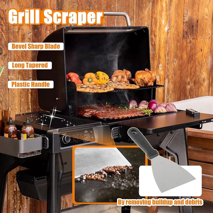 HUAREW 6 Piece Pellet Grill Ash Cleaning Kit, Includes 1 Dust Scoop, 1 Soft Bristle Brush, 1 Flat Scraper, 1 3D Scraper, 2 Hook